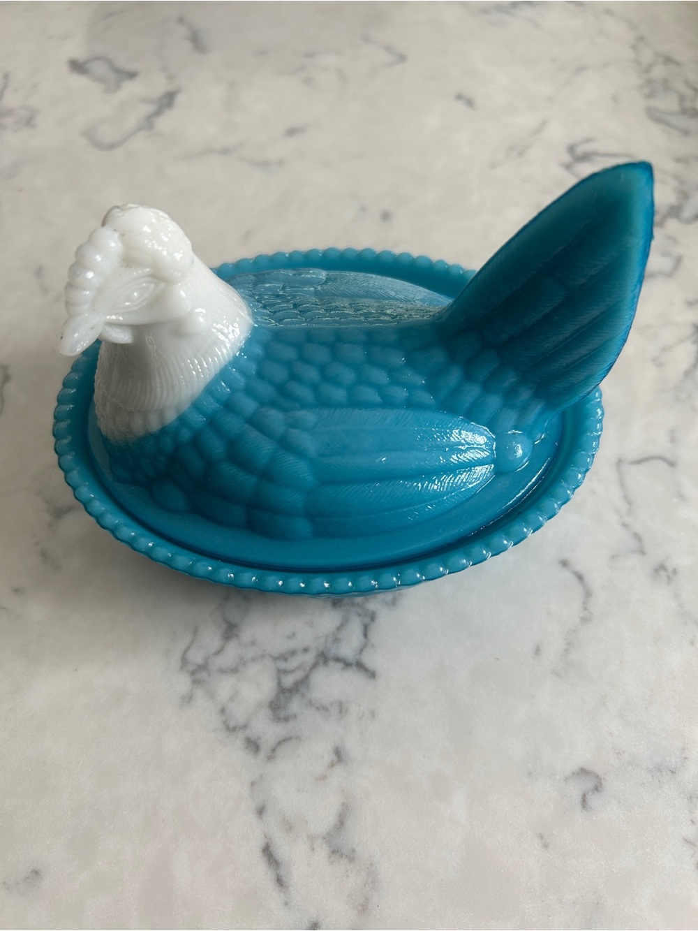 RARE Vintage Blue Slag w/White Head Hen on Nest Glass Dish Westmoreland